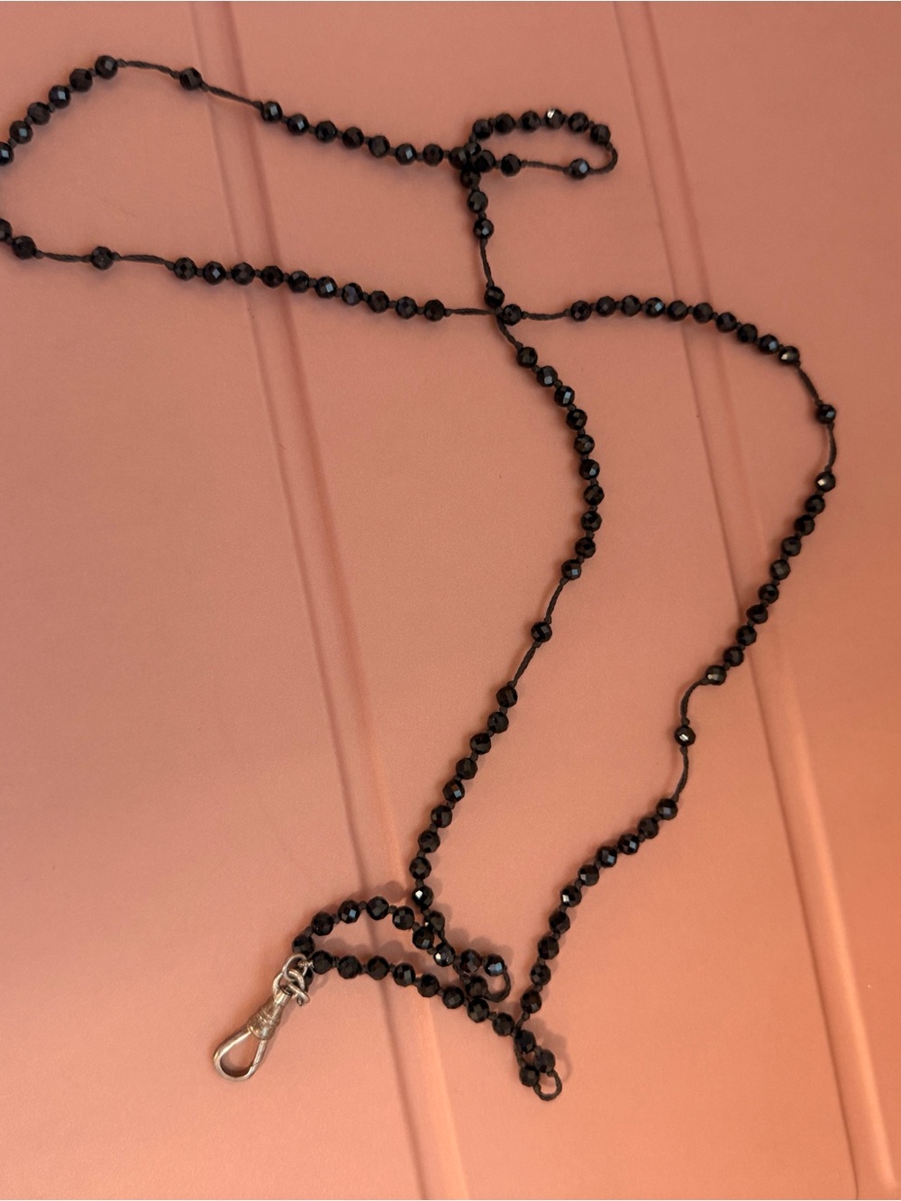 Black onyx Beaded Lanyard Necklace with Silver Clasp (research miracle icon)